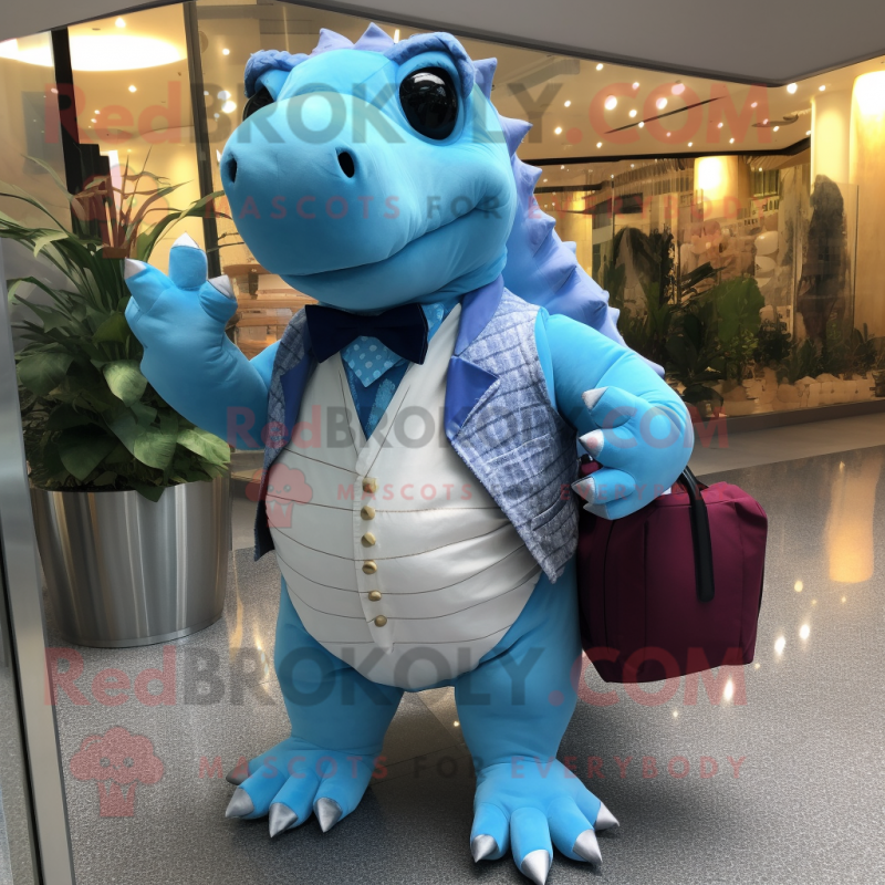 Sky Blue Ankylosaurus mascot costume character dressed with a Waistcoat and Handbags