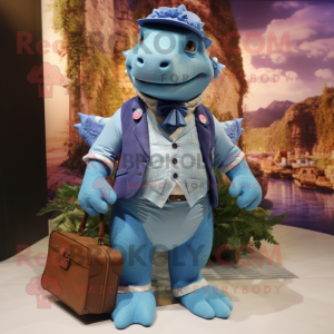 Sky Blue Ankylosaurus mascot costume character dressed with a Waistcoat and Handbags