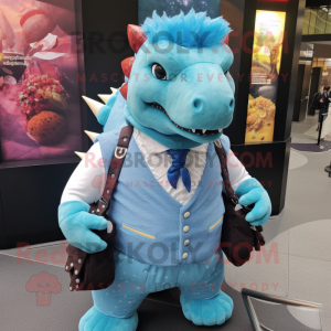 Sky Blue Ankylosaurus mascot costume character dressed with a Waistcoat and Handbags