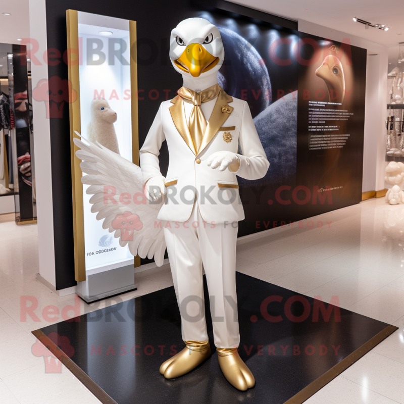 Gold Swan mascot costume character dressed with a Trousers and Lapel pins Gold Swan mascot costume character dressed with a Trousers and Lapel pins
