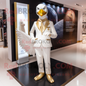 Gold Swan mascot costume character dressed with a Trousers and Lapel pins