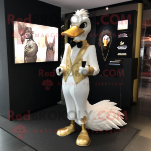 Gold Swan mascot costume character dressed with a Trousers and Lapel pins