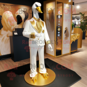 Gold Swan mascot costume character dressed with a Trousers and Lapel pins