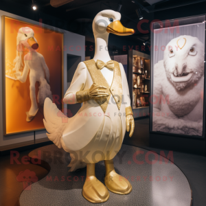 Gold Swan mascot costume character dressed with a Trousers and Lapel pins
