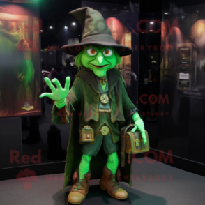 Green Witch mascot costume character dressed with a Jacket and Wallets