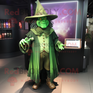 Green Witch mascot costume character dressed with a Jacket and Wallets