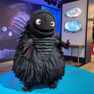 Black Trilobite mascot costume character dressed with a Circle Skirt and Ties