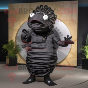 Black Trilobite mascot costume character dressed with a Circle Skirt and Ties