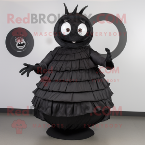 Black Trilobite mascot costume character dressed with a Circle Skirt and Ties