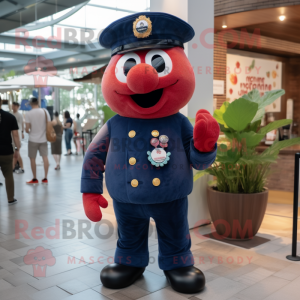 Navy Raspberry mascot costume character dressed with a Corduroy Pants and Necklaces