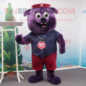 Navy Raspberry mascot costume character dressed with a Corduroy Pants and Necklaces