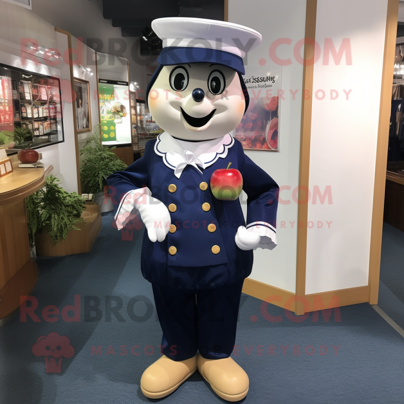 Navy Apple mascot costume character dressed with a Blouse and Belts Navy Apple mascot costume character dressed with a Blouse and Belts