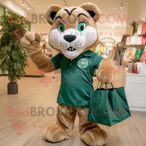 Forest Green Mountain Lion mascot costume character dressed with a Romper and Tote bags