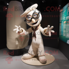 Beige Contortionist mascot costume character dressed with a Jacket and Reading glasses