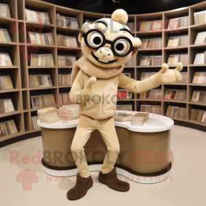 Beige Contortionist mascot costume character dressed with a Jacket and Reading glasses