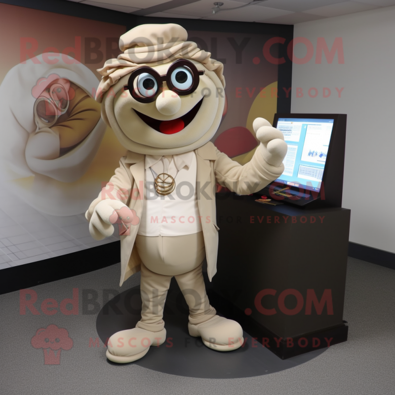 Beige Contortionist mascot costume character dressed with a Jacket and Reading glasses Beige Contortionist mascot costume character dressed with a Jacket and Reading glasses