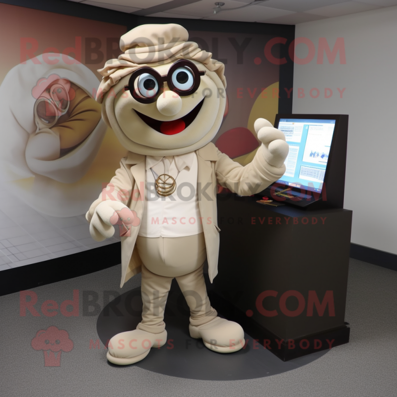 Beige Contortionist mascot costume character dressed with a Jacket and Reading glasses