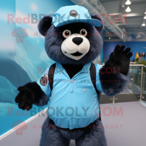 Sky Blue Spectacled Bear mascot costume character dressed with a Jumpsuit and Hat pins