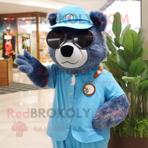 Sky Blue Spectacled Bear mascot costume character dressed with a Jumpsuit and Hat pins