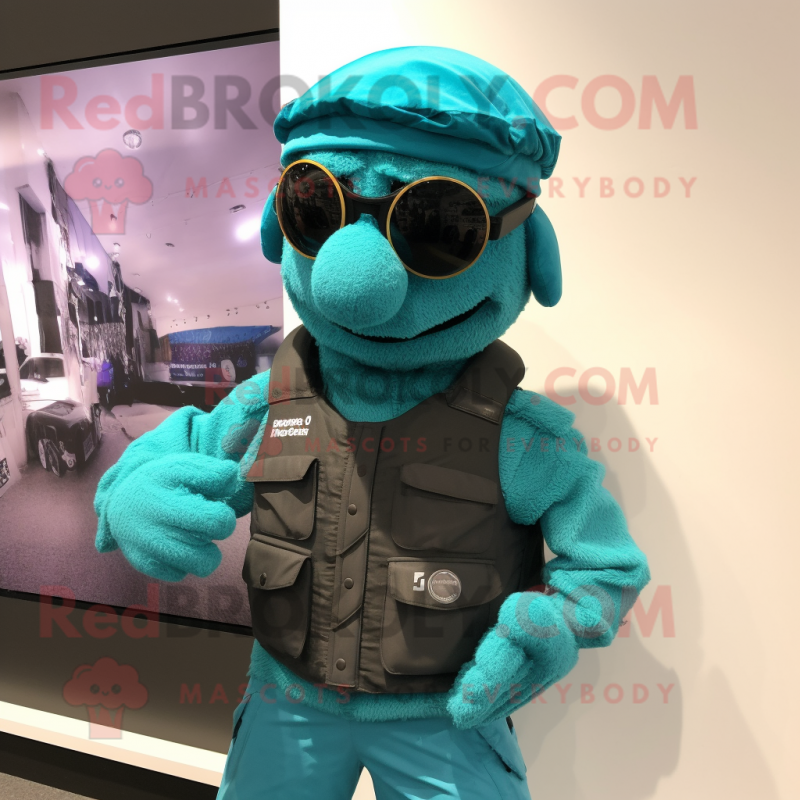 Turquoise Para Commando mascot costume character dressed with a Waistcoat and Cufflinks