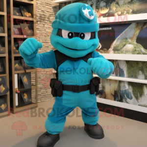 Turquoise Para Commando mascot costume character dressed with a Waistcoat and Cufflinks