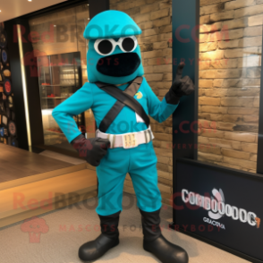 Turquoise Para Commando mascot costume character dressed with a Waistcoat and Cufflinks