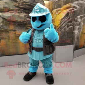 Turquoise Para Commando mascot costume character dressed with a Waistcoat and Cufflinks