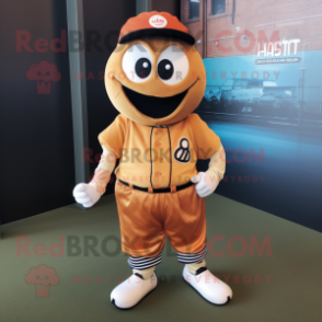 Rust Baseball Ball mascot costume character dressed with a T-Shirt and Shoe laces