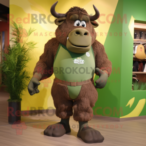 Olive Bison mascot costume character dressed with a Swimwear and Shoe laces