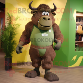 Olive Bison mascot costume character dressed with a Swimwear and Shoe laces