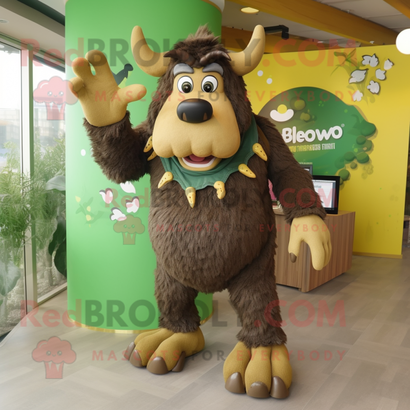 Olive Bison mascot costume character dressed with a Swimwear and Shoe laces Olive Bison mascot costume character dressed with a Swimwear and Shoe laces