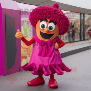 Magenta Paella mascot costume character dressed with a Playsuit and Shoe laces