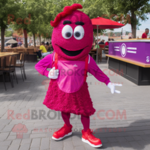 Magenta Paella mascot costume character dressed with a Playsuit and Shoe laces