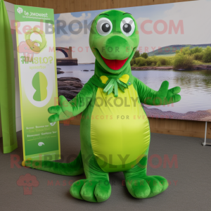 Lime Green Loch Ness Monster mascot costume character dressed with a Blouse and Foot pads