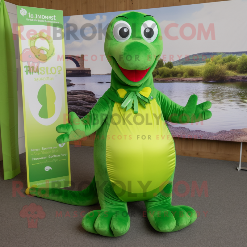 Lime Green Loch Ness Monster mascot costume character dressed with a Blouse and Foot pads