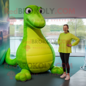 Lime Green Loch Ness Monster mascot costume character dressed with a Blouse and Foot pads