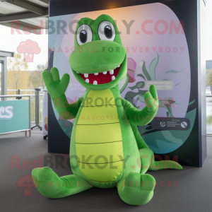 Lime Green Loch Ness Monster mascot costume character dressed with a Blouse and Foot pads