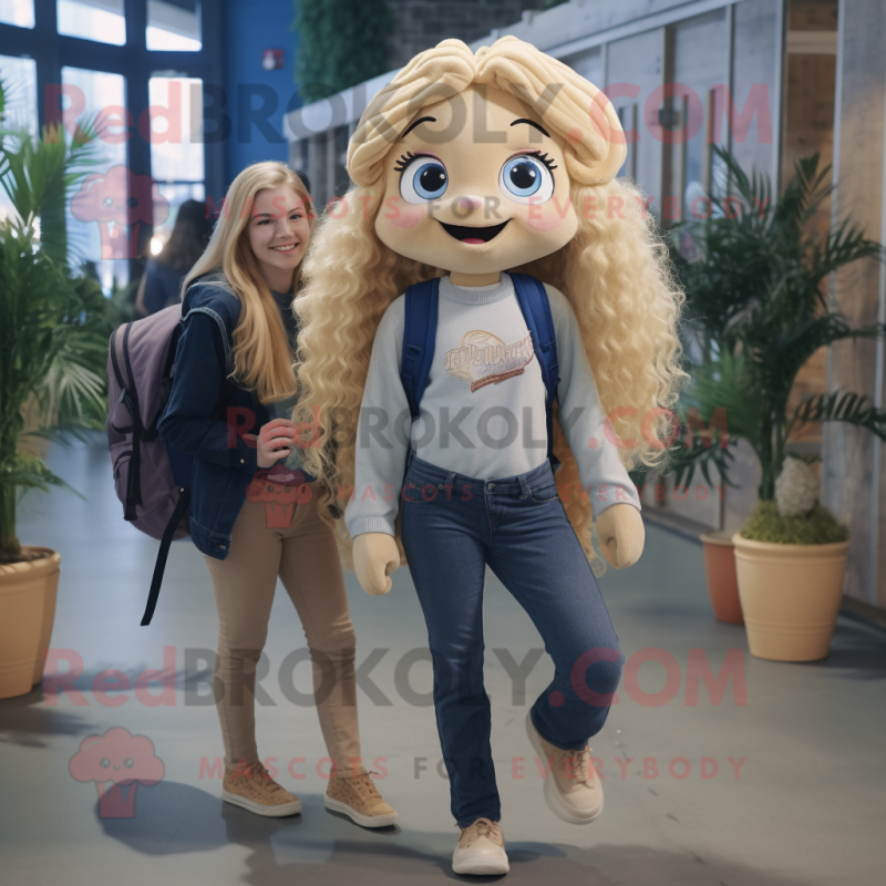 Beige Mermaid mascot costume character dressed with a Denim Shirt and Backpacks Beige Mermaid mascot costume character dressed with a Denim Shirt and Backpacks