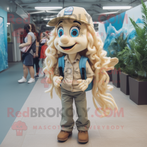 Beige Mermaid mascot costume character dressed with a Denim Shirt and Backpacks