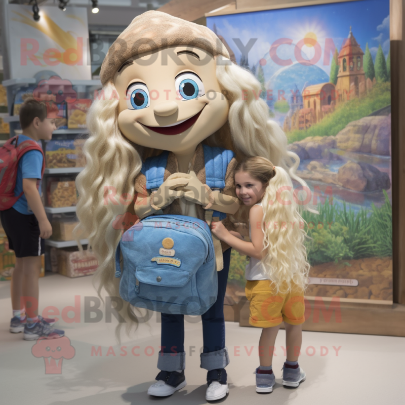 Beige Mermaid mascot costume character dressed with a Denim Shirt and Backpacks