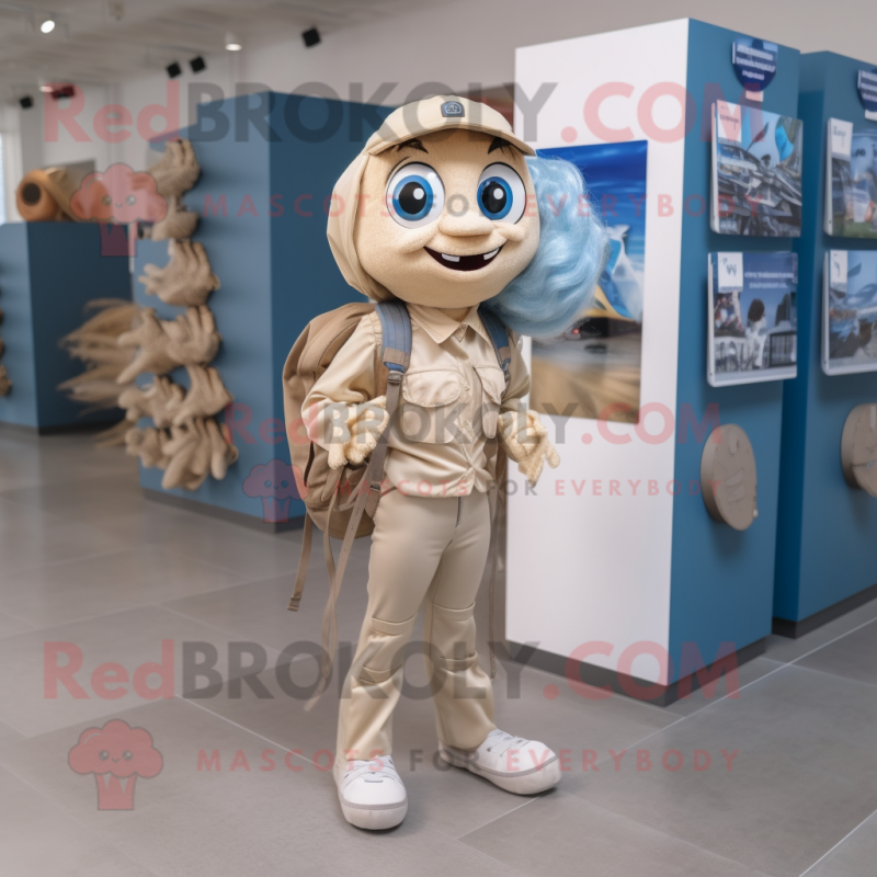 Beige Mermaid mascot costume character dressed with a Denim Shirt and Backpacks