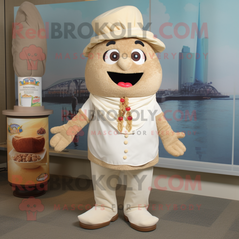 Cream Jambalaya mascot costume character dressed with a Chinos and Brooches