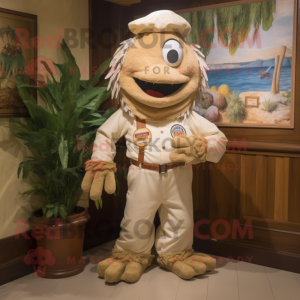 Cream Jambalaya mascot costume character dressed with a Chinos and Brooches