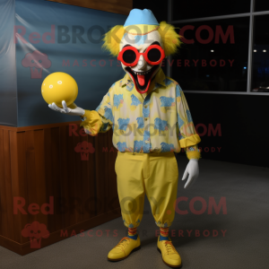 Lemon Yellow Evil Clown mascot costume character dressed with a Chambray Shirt and Sunglasses