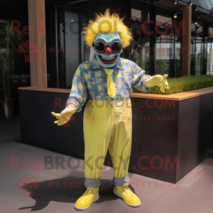 Lemon Yellow Evil Clown mascot costume character dressed with a Chambray Shirt and Sunglasses