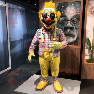 Lemon Yellow Evil Clown mascot costume character dressed with a Chambray Shirt and Sunglasses