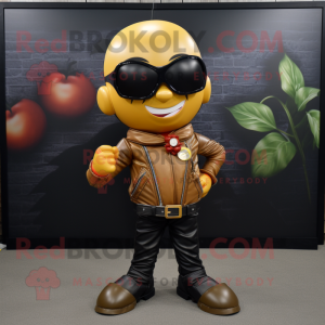 Gold Tomato mascot costume character dressed with a Biker Jacket and Bow ties