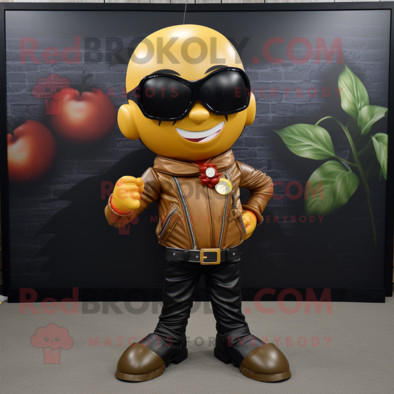 Gold Tomato mascot costume character dressed with a Biker Jacket and Bow ties Gold Tomato mascot costume character dressed with a Biker Jacket and Bow ties