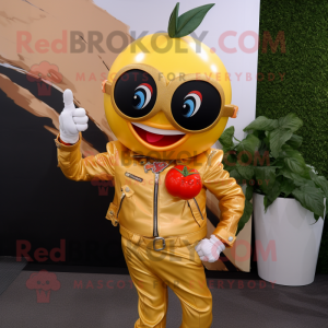 Gold Tomato mascot costume character dressed with a Biker Jacket and Bow ties
