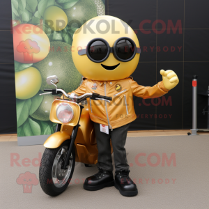 Gold Tomato mascot costume character dressed with a Biker Jacket and Bow ties